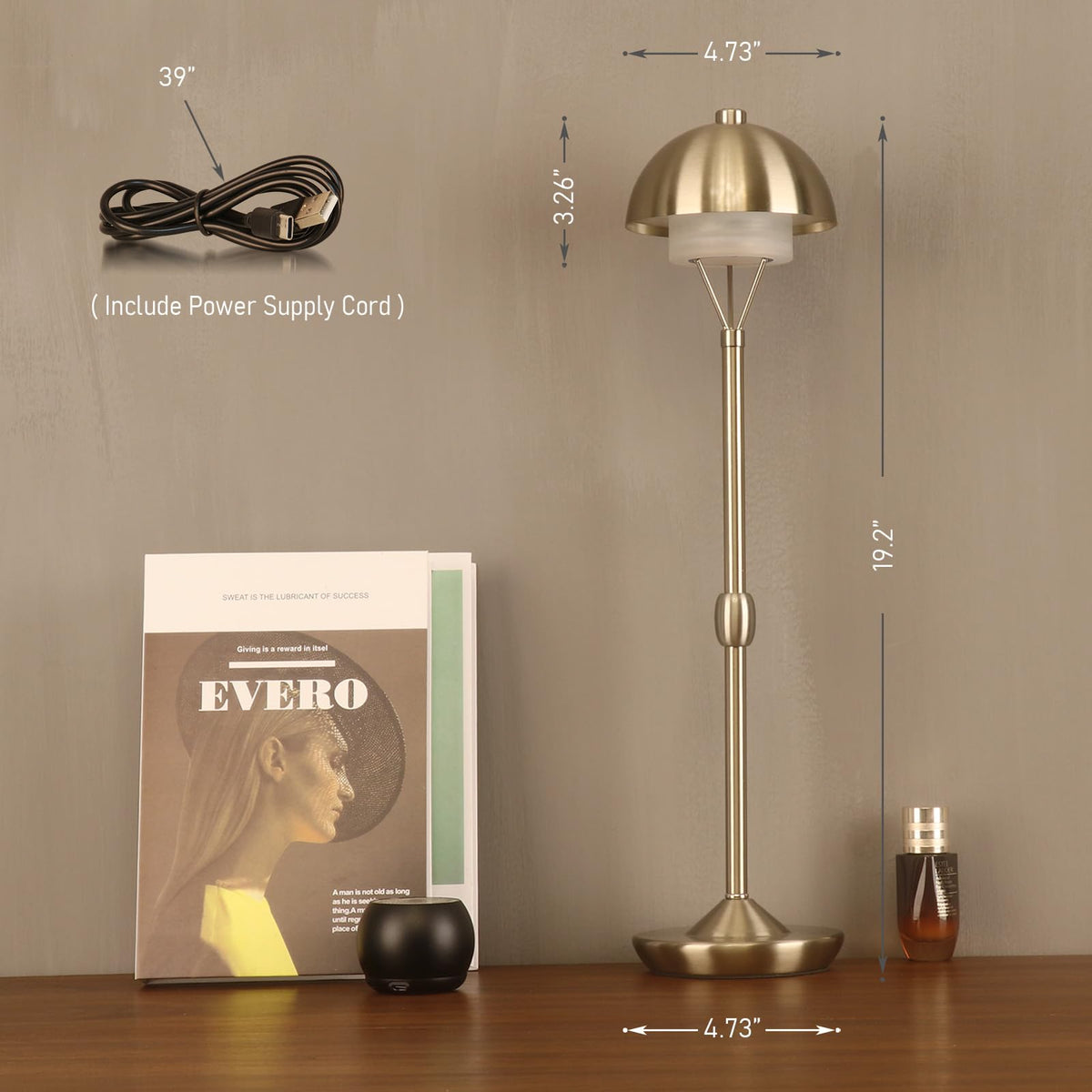 Modern Table Lamp Cordless Portable Desk Lamp, 2700K Stepless Dimming Rechargeable Battery Operated LED Lights for Bedroom, USB-C Charging, Restaurant/Bar/Night Light/Gifts (Brushed Nickel)