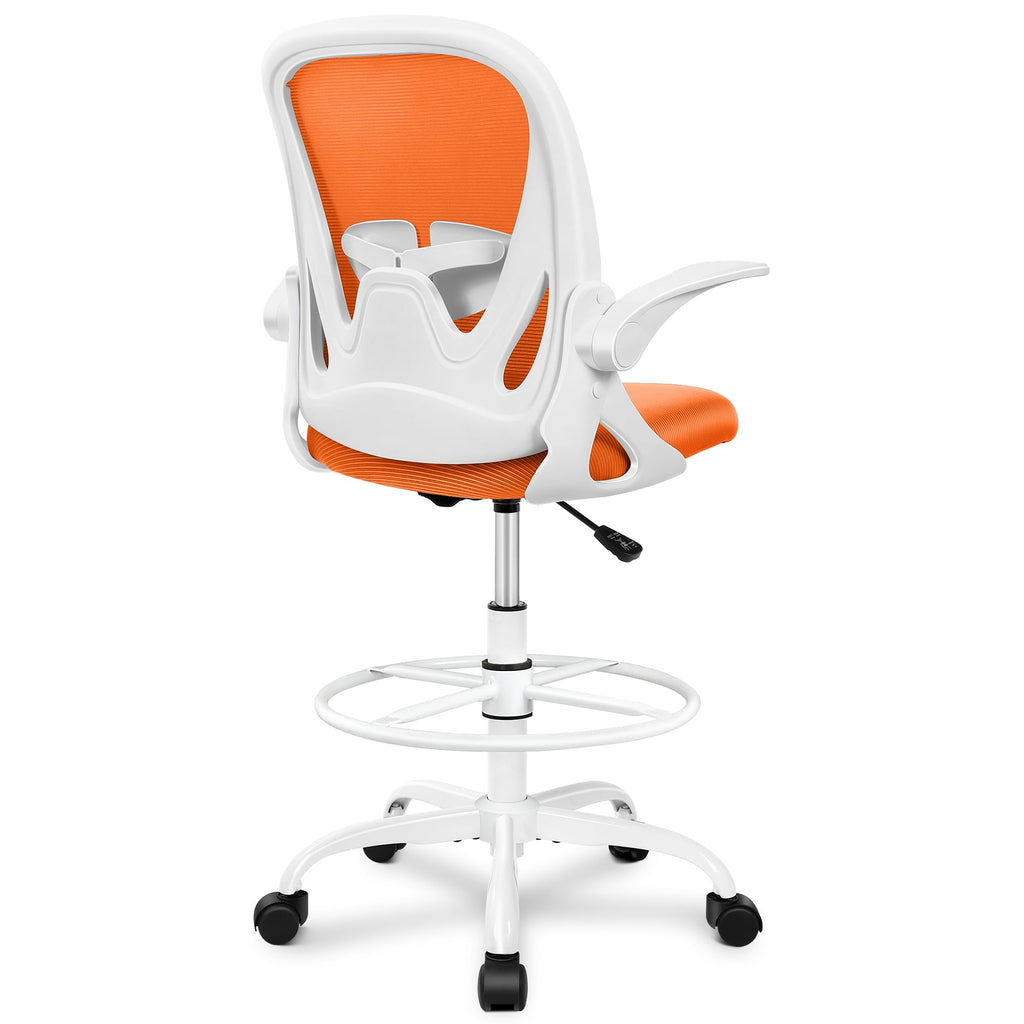 Drafting Chair Tall Office Chair with Flip-up Armrests Executive Ergonomic Computer Standing Desk Chair with Lumbar Support and Adjustable Footrest Ring (Sunset Orange)