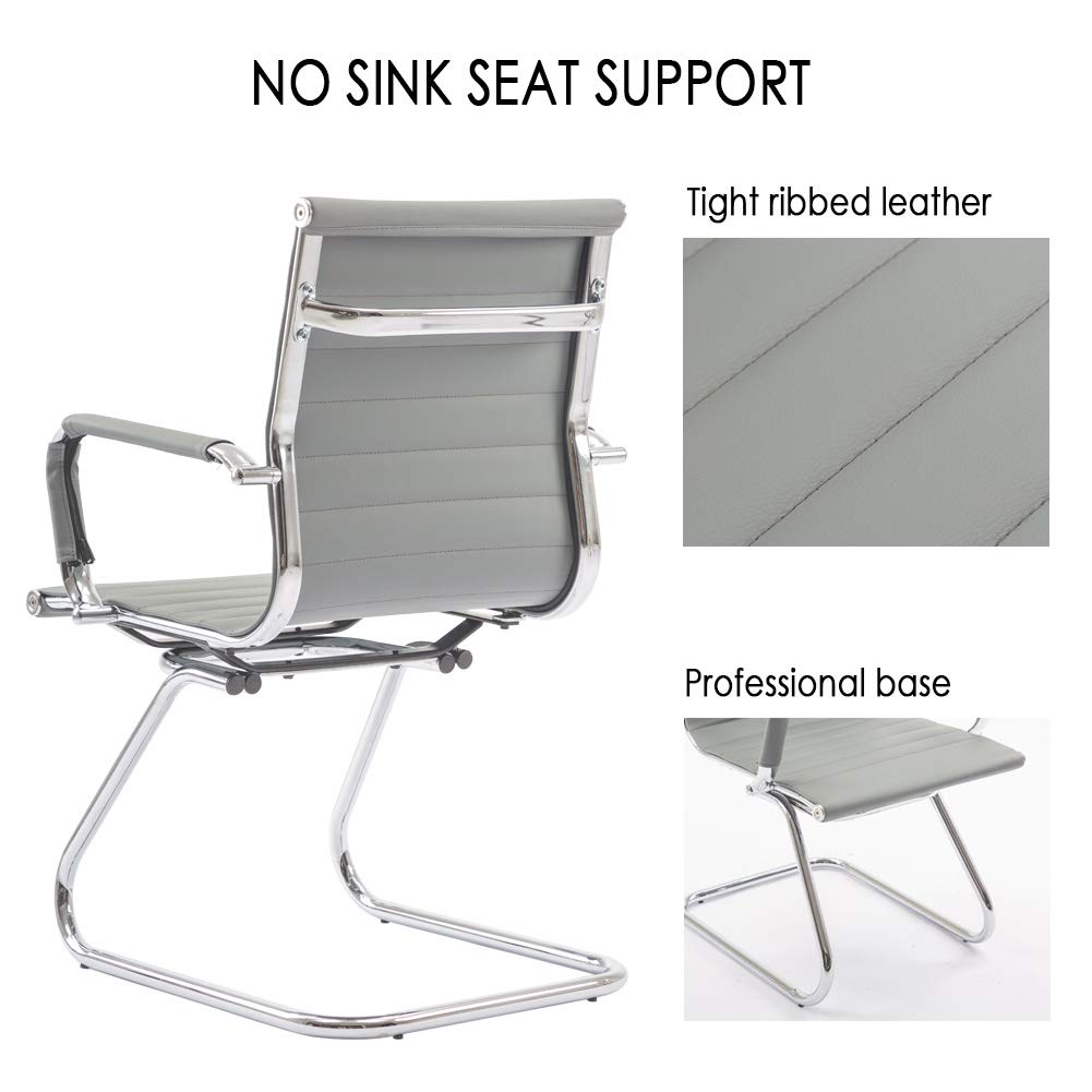 Conference Room Chairs Set of 2, Waiting Room Chairs with Arms, Faux Leather Reception Chairs No Wheels, Office Guest Chairs with Mid Back Support and Chrome Sled Base, Grey