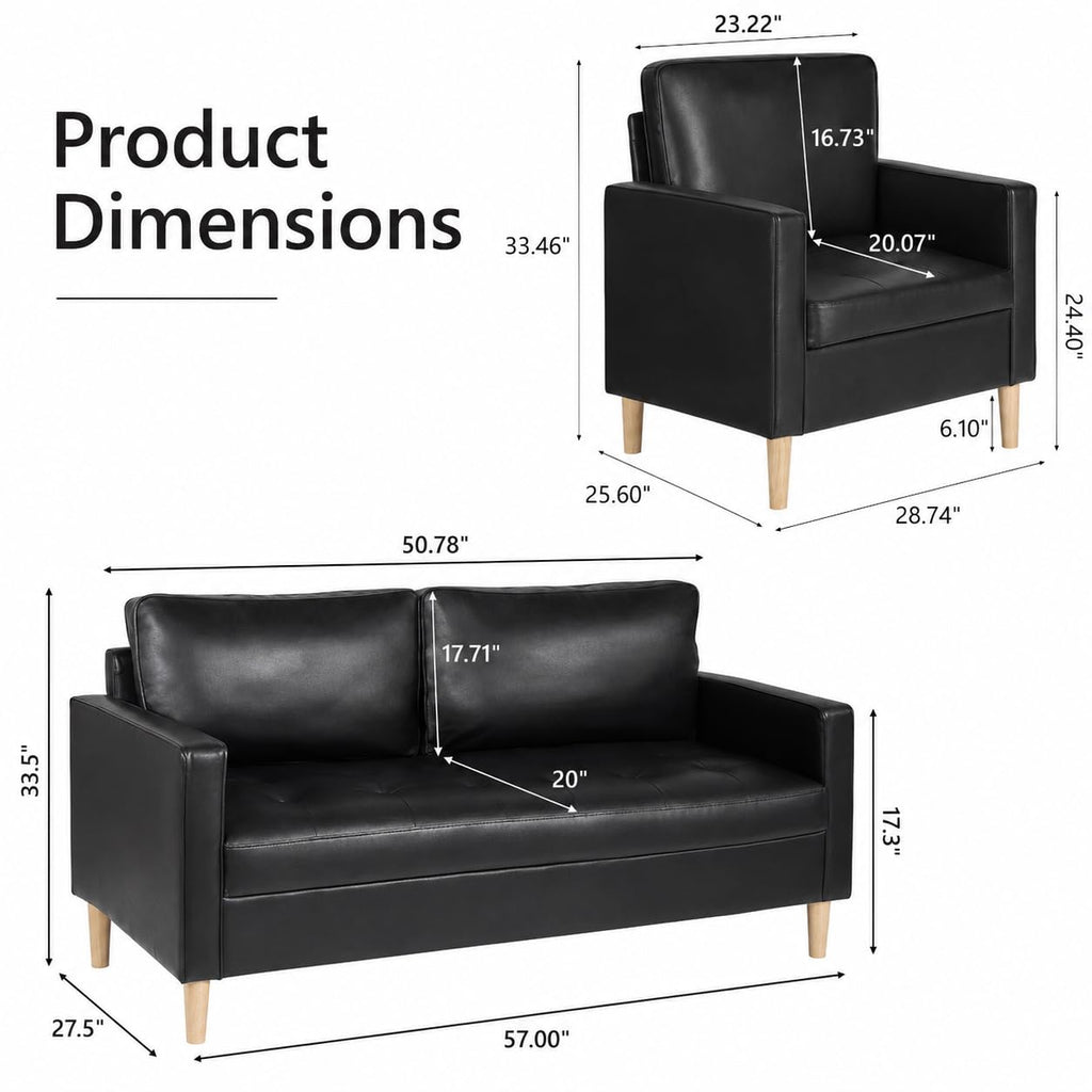 Mid-Century Sectional Sofa Set for Living Room Faux Leather Office 2 Pcs Couch Set with Armrest Modern Upholstered Loveseat Couches (1-Seater+2-Seater, Black)