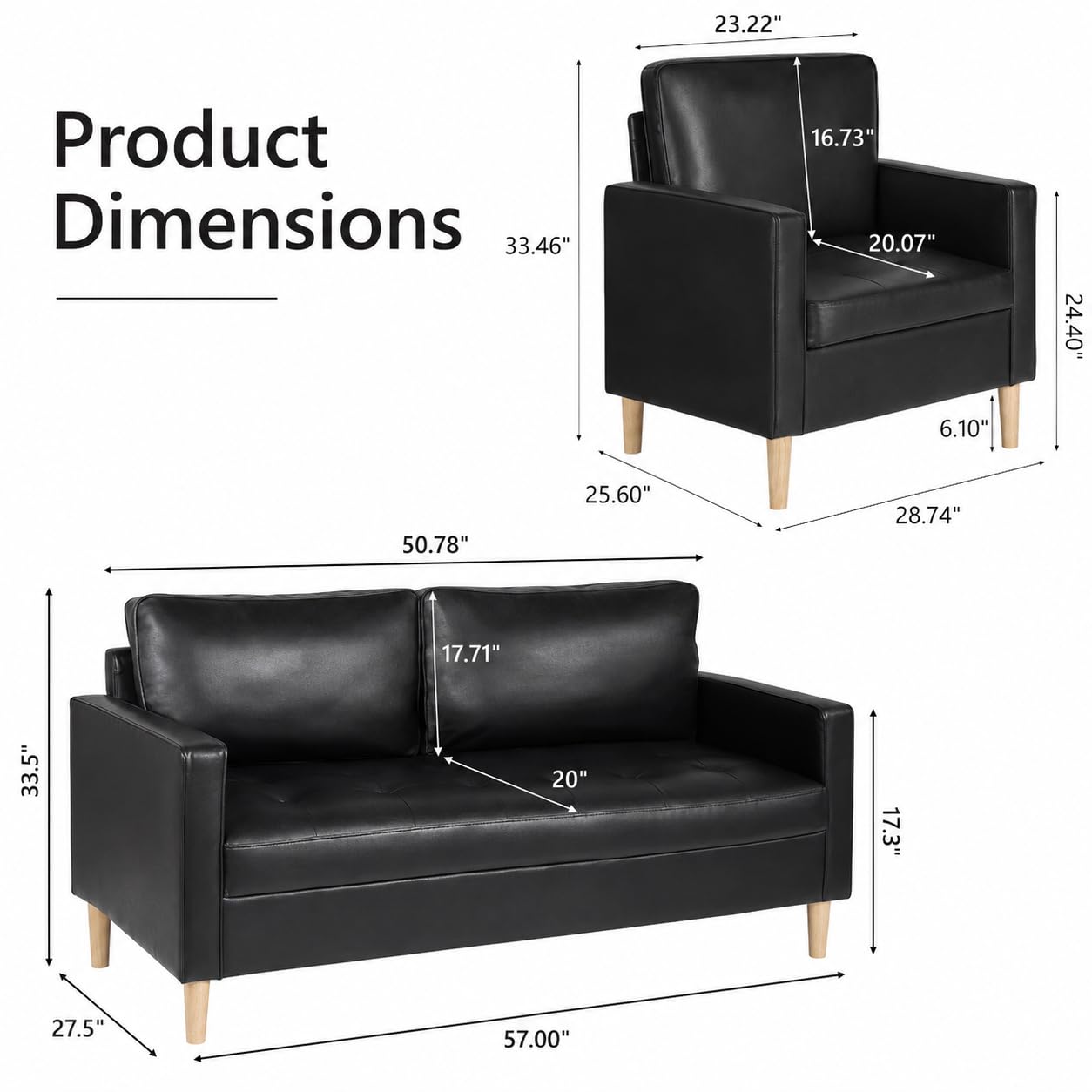 Mid-Century Sectional Sofa Couch Set Faux Leather Office 3 Pcs Couch Set with Armrest Modern Upholstered Loveseat Couches for Livingroom (1-Seater+1-Seater+2-Seater, Black)
