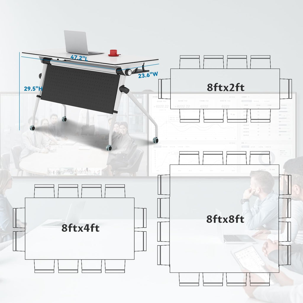 Folding Conference Tables,47.2x23.6x29.5in Modern Conference Room Tables Seminar Mobile Training Table,with Caster Modular Flip Top Meeting Table for Office Conference Room (White, 4 Pack)