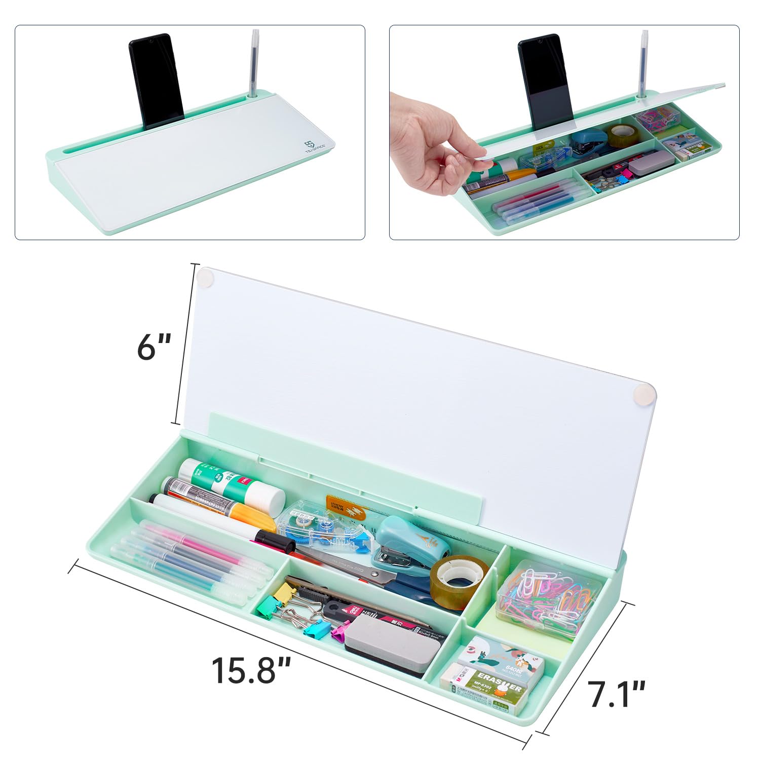 Desktop Whiteboard Dry-Erase-Board - Computer Keyboard Stand White Board Surface Pad with Drawer, Desk Organizers with Accessories for Office, Home, School Supplies - Green