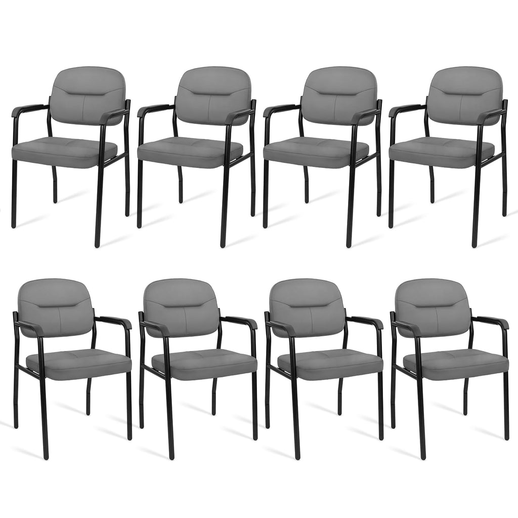 Leather Guest Chair Sets of 8, Office Reception Chair No Wheels with Armrests and Lumber Support, Ergonomic Desk Armchair for Meeting Waiting Conference Lobby Room, Grey