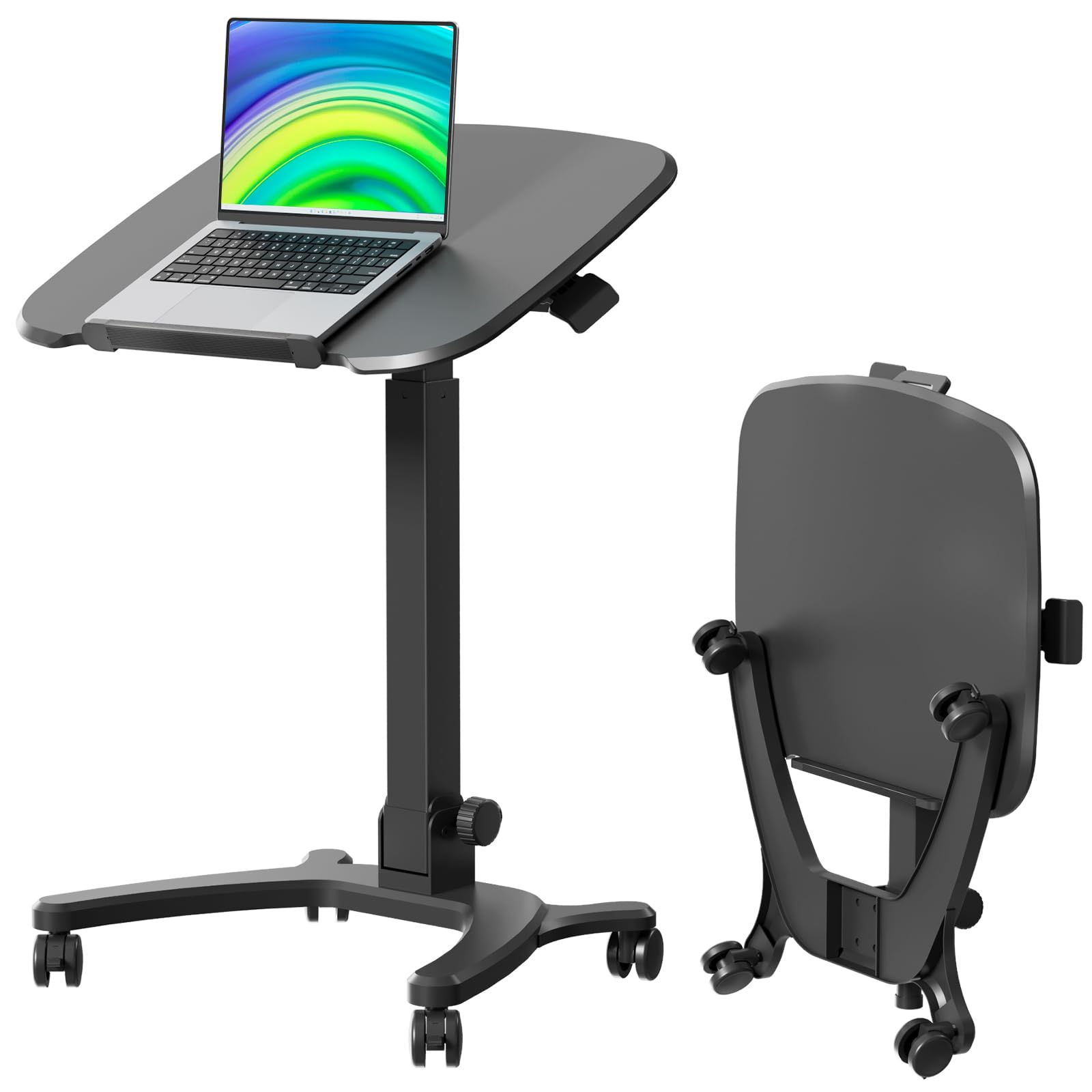 Foldable Mobile Standing Desk, 27"×21" Portable Rolling Laptop Cart with 90° Tiltable Board, Height Adjustable Mobile Desk Workstation with Wheels, Folding Table for Home Office, Black