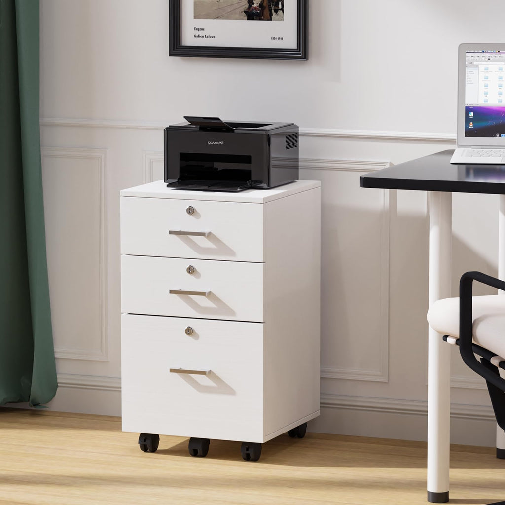 3-Drawer File Cabinet with Lock, Wood Rolling Filing Cabinets for Home Office, Mobile Printer Stand, Under Desk File Organizer for Letter Sized Files, 26" H(Caster Included), White