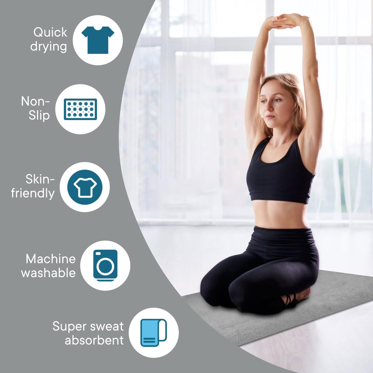 Yoga Towels, Non Slip Hot Yoga Mat Towel with Grip Dots,Super-Absorbent Soft Microfiber Yoga Blanket for Pilates, Fitness and Workout 72inch x 24inch (Grey)
