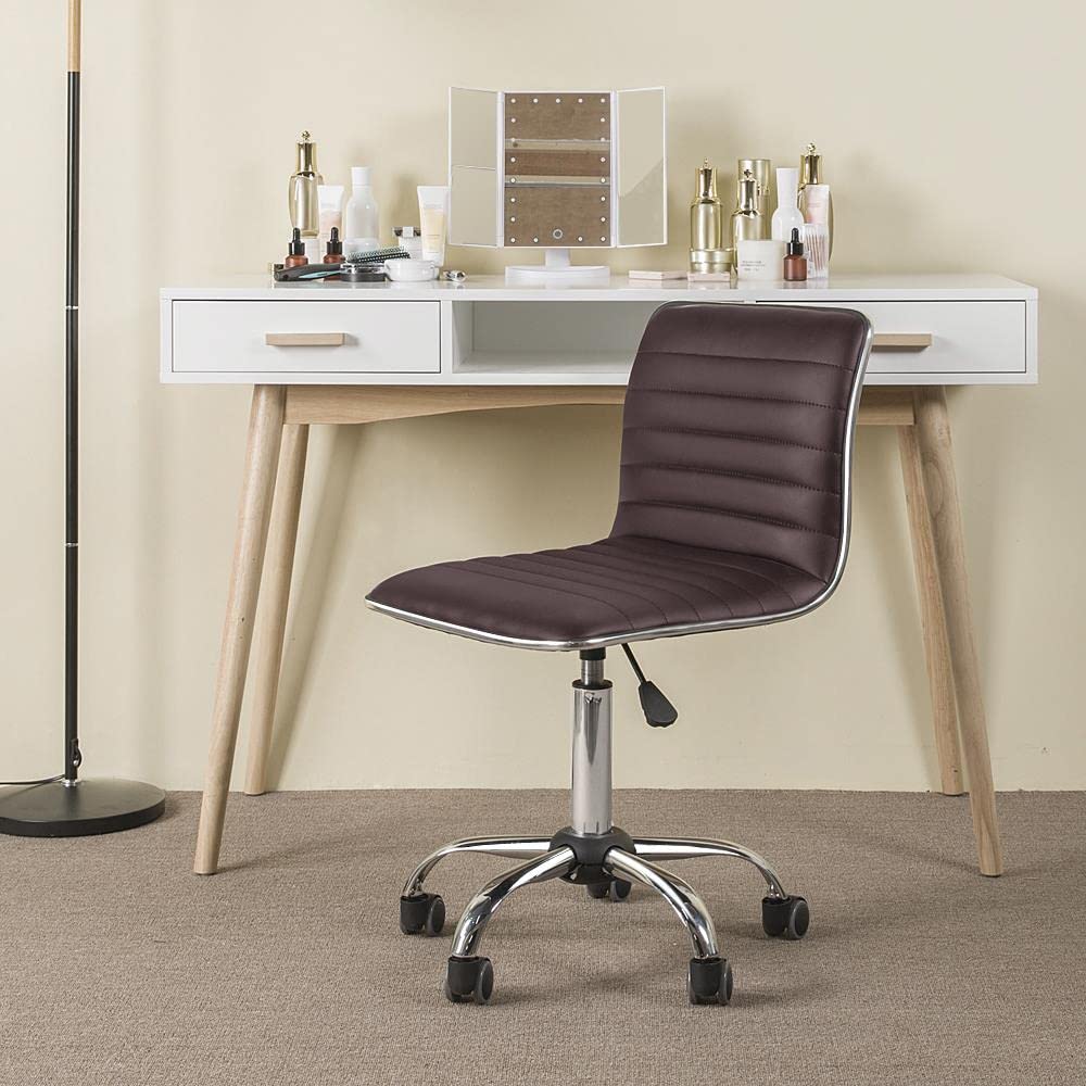 Modern PU Leather Ribbed Armless Working Office Chair Adjustable Low-Back Comfy Desk Task Chair w/Rolling Wheels, Brown