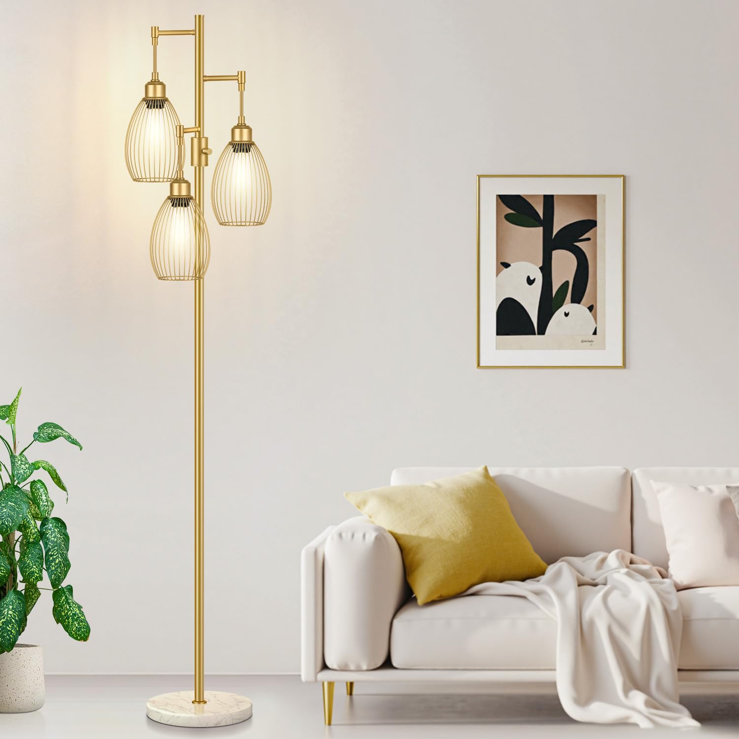 Floor Lamp,3x800LM LED Bulbs Included, Farmhouse Industrial Floor Lamp Standing Tree Lamp with Teardrop Cage Head Tall Lamp for Living Room Bedroom Office Dining Room - Gold & Marble Base