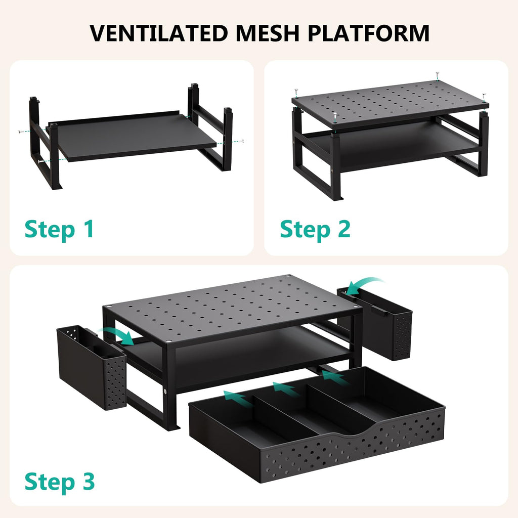 Monitor Stand Riser with Drawer and 2 Pen Holders, Desk Organizers and Accessories for Computer, Printer, Laptop Stand for Home Office Supplies, (PTT004-B), 1 Pack, Black