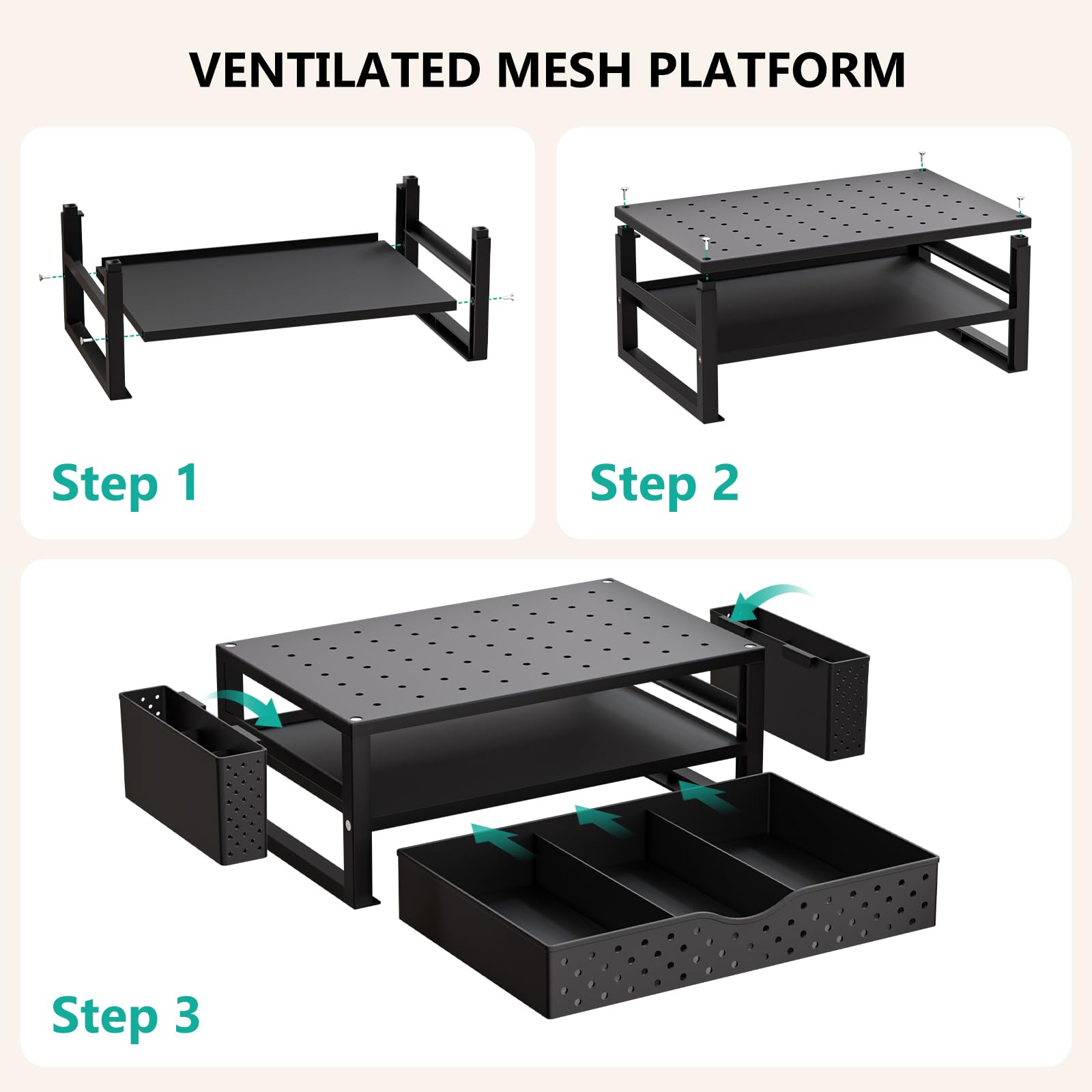 Monitor Stand Riser with Drawer and 2 Pen Holders, Desk Organizers and Accessories for Computer, Printer, Laptop Stand for Home Office Supplies, (PTT004-B), 1 Pack, Black