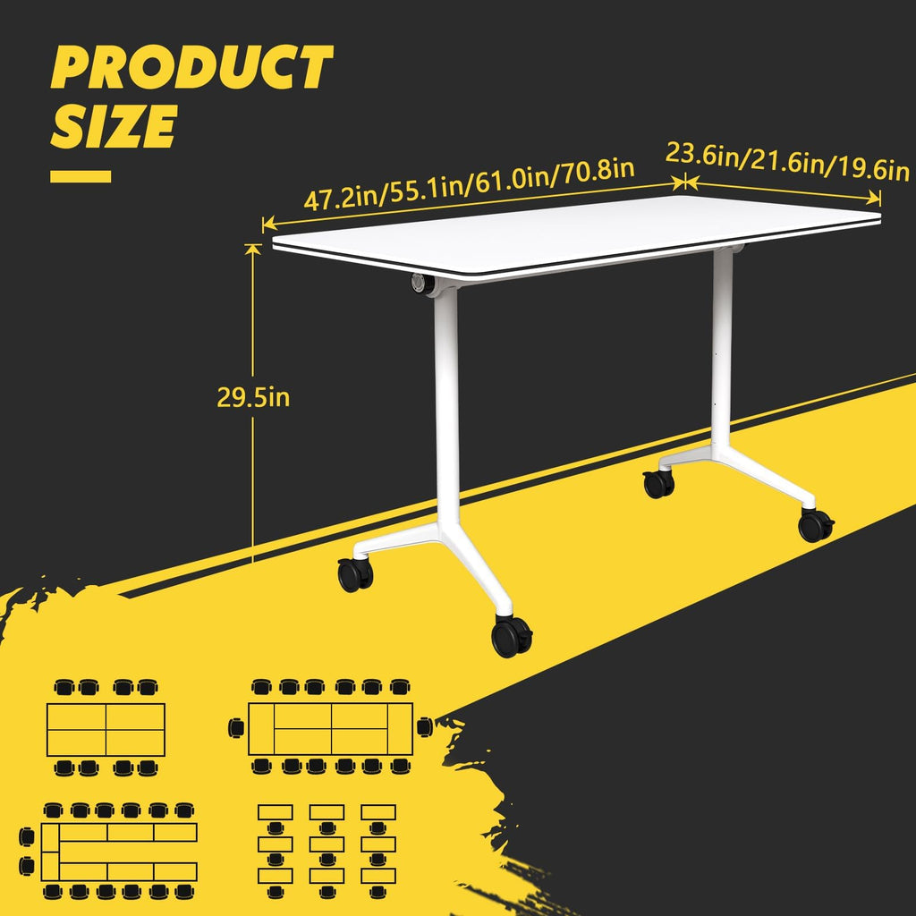 Conference Room Tables White,Folding Rectangular Flip Top Conference Table with Wheels for Large Meeting Seminar Home Office Classr (6, White, 47.2in)