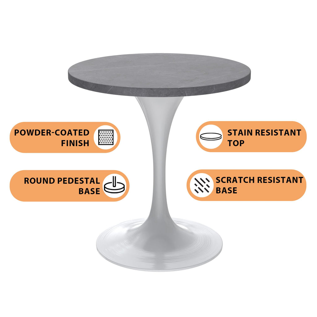 LeisureMod Verve Mid-Century Modern Dining Table with a 27" Round Sintered Stone Tabletop and White Stainless Steel Pedestal Base for Kitchen and Dining Room (Grey)