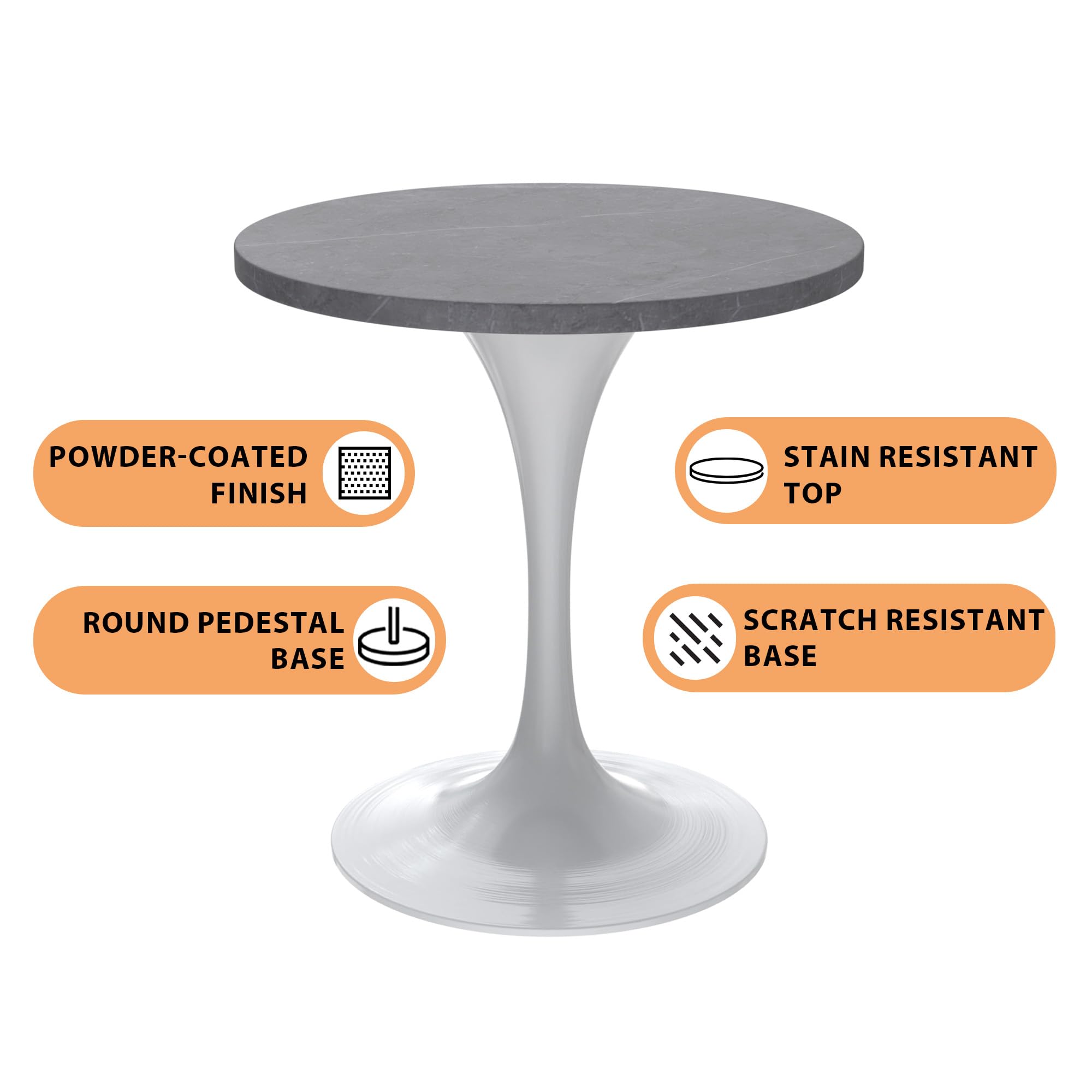 LeisureMod Verve Mid-Century Modern Dining Table with a 27" Round Sintered Stone Tabletop and White Stainless Steel Pedestal Base for Kitchen and Dining Room (Grey)