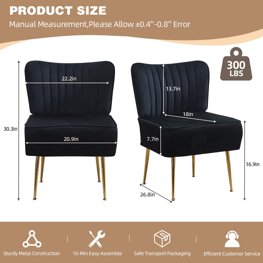 Modern Velvet Accent Chairs Set of 2, Comfy Slipper Chair with Heavy Duty Iron Frame & Gold Legs, Mid Century Side Sofa Chair for Living Room Bedroom Vanity(Black)