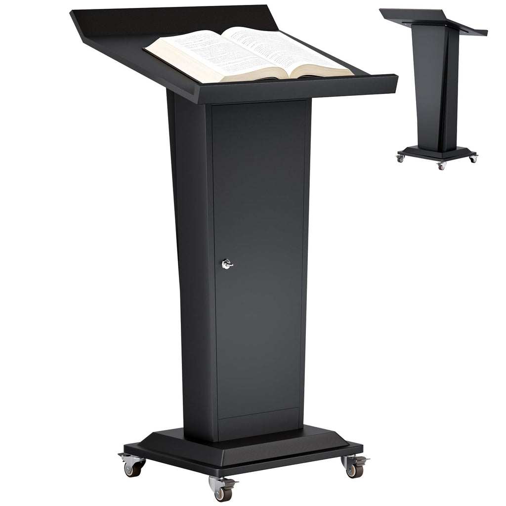 Ultral 45.3IN Podium Lectern with Wheels, Iron Pulpit for Churches Stand with Lockable Double-Layer Storage, Modern Metal Pulpits Lectern for Classroom, Conference, Presentation,Wedding