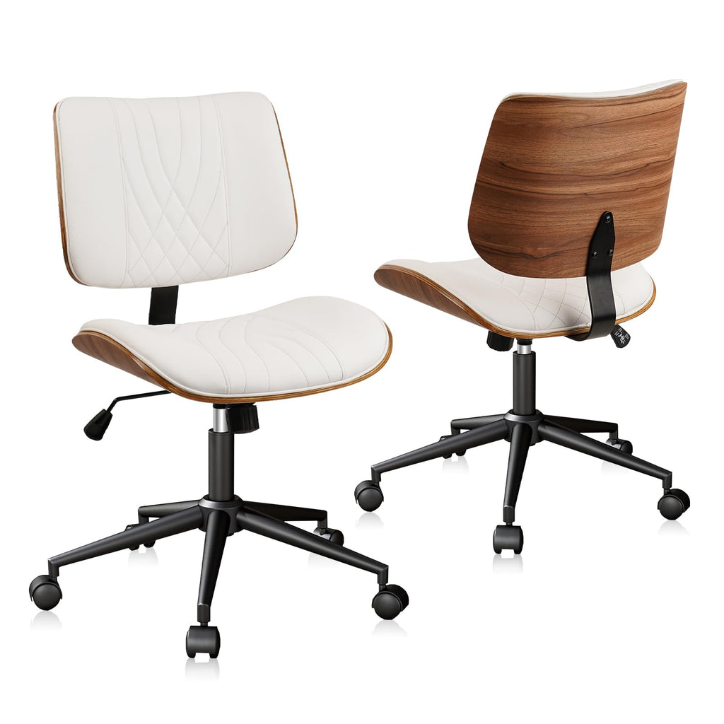 Armless Home Office Chair, Desk Chair with Wheels, Adjustable Height Reading Chairs, Leather Mid Back & Swivel Computer Chairs, Modern Walnut with Back for Study Meeting Room(White) 2Pack