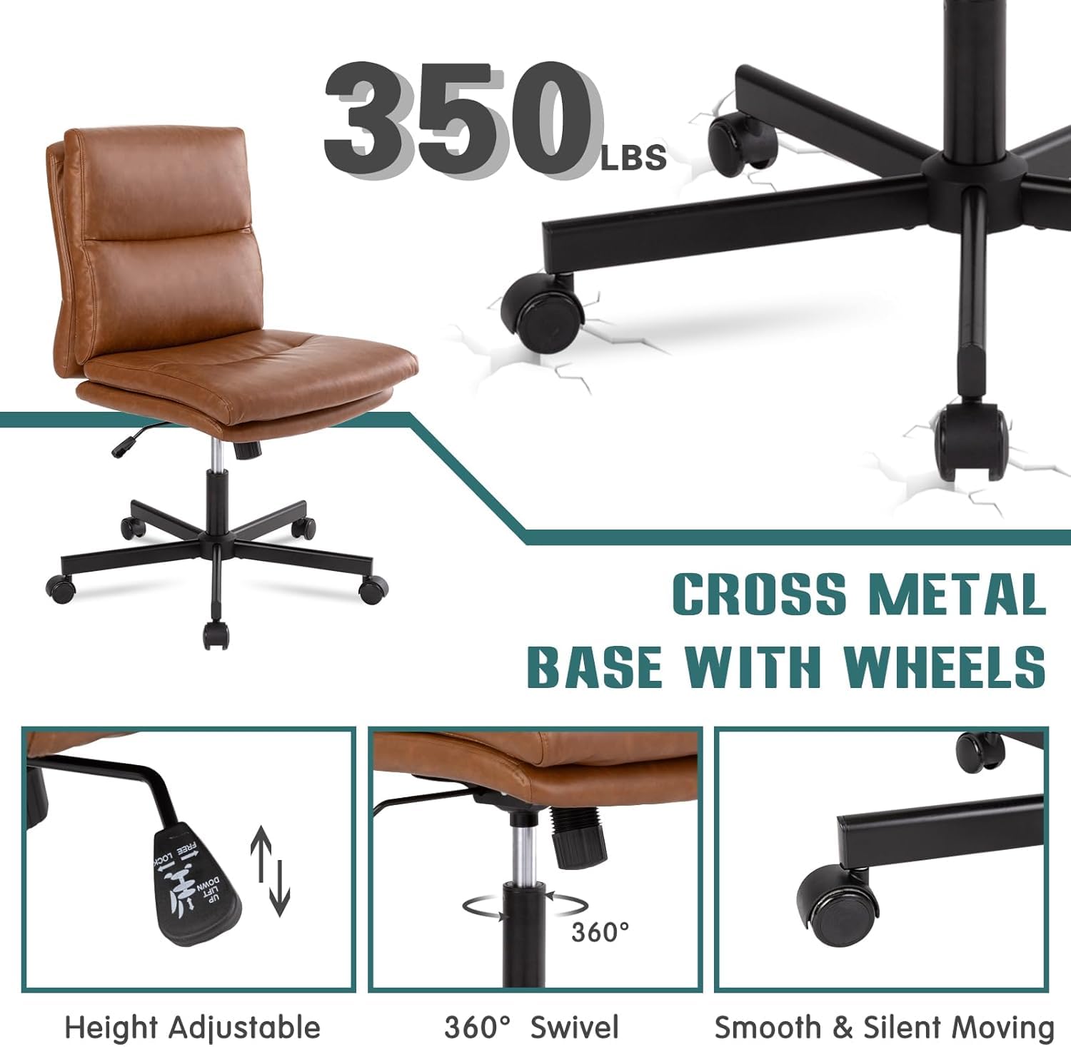 Armless Office Desk Chair with Wheels, Mid-Back Criss Cross Swivel Task Chair, Height Adjustable Cushioned Vanity Chair, Double Padded PU-Leather Chairs for Home, Office & Bedroom (Brown)