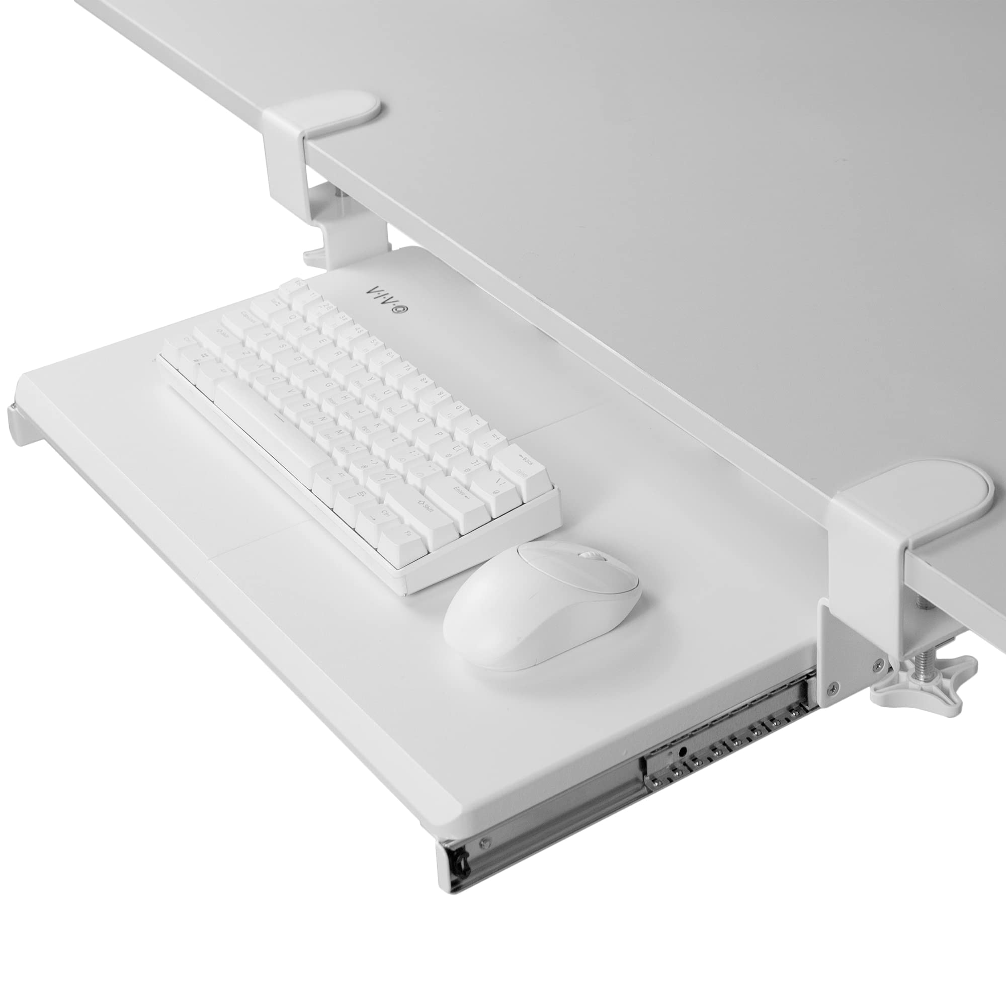 Small Keyboard Tray, Under Desk Pull Out with Extra Sturdy C Clamp Mount System, 20 (26 Including Clamps) x 11 inch Slide-Out Computer Platform Drawer, White