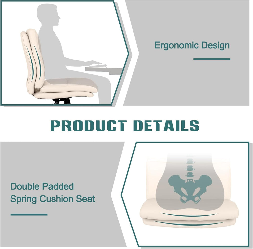 Armless Office Desk Chair with Wheels, Mid-Back Criss Cross Swivel Task Chair, Height Adjustable Cushioned Vanity Chair, Double Padded PU Leather Chair for Home, Office & Bedroom, Beige White