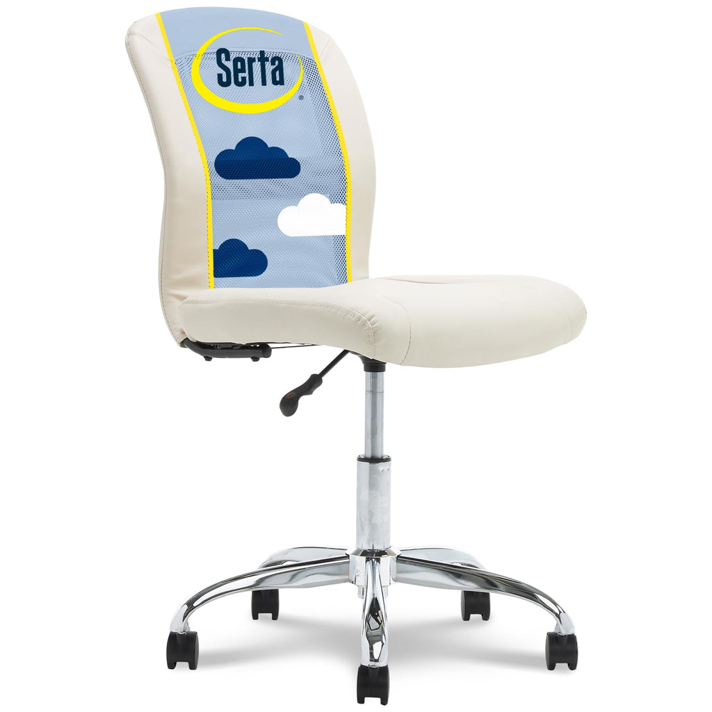 Essential Armless Chair, Small Desk Chairs with Wheels, Breathable Mesh Back and Faux Leather, Quality Foam Cushion Seat for Comfort, Minimal Design for Vanity Table, Cream White