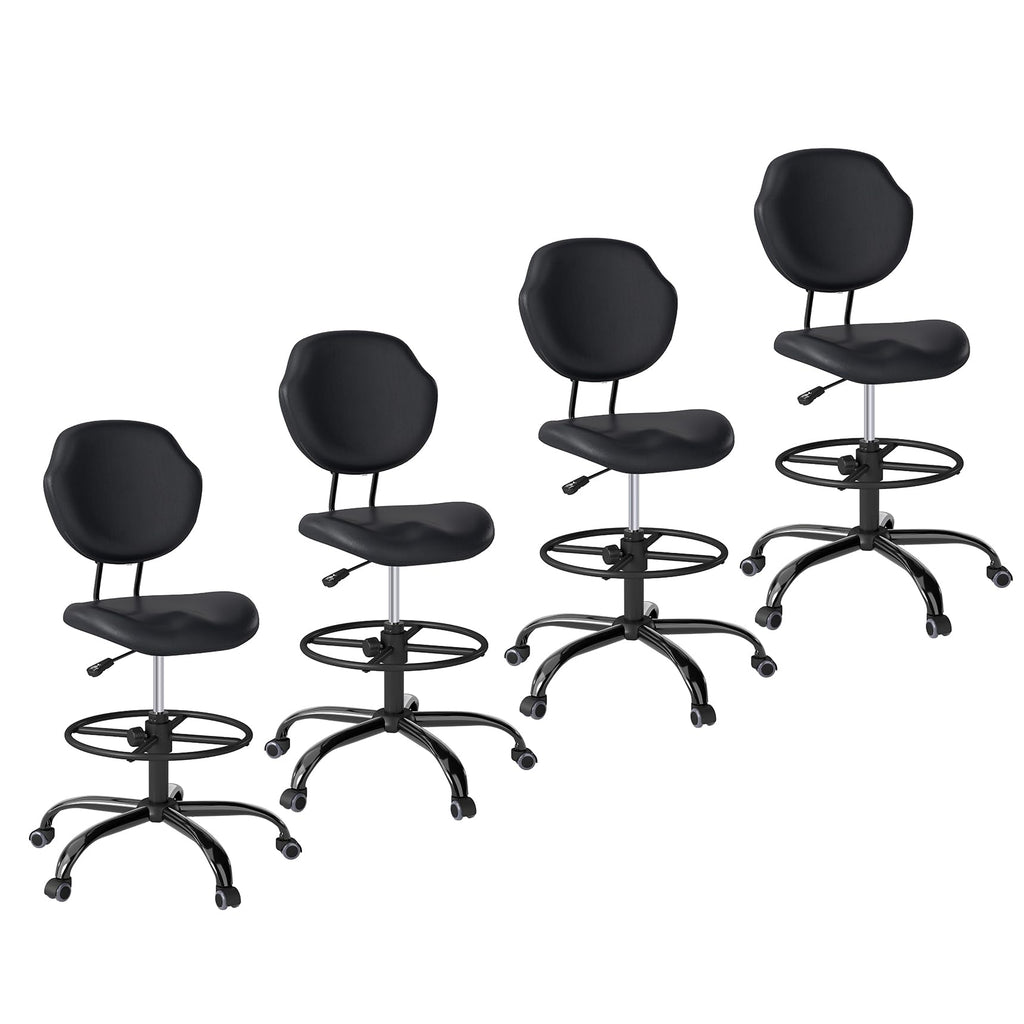 (Black, 4 Pack) , Drafting Chair with Back Support, Tall/High Desk Rolling Stool, Faux Leather Office Chair with Height Adjustable for Standing Desk, Home Office, Bar, Workbench & Kitchen