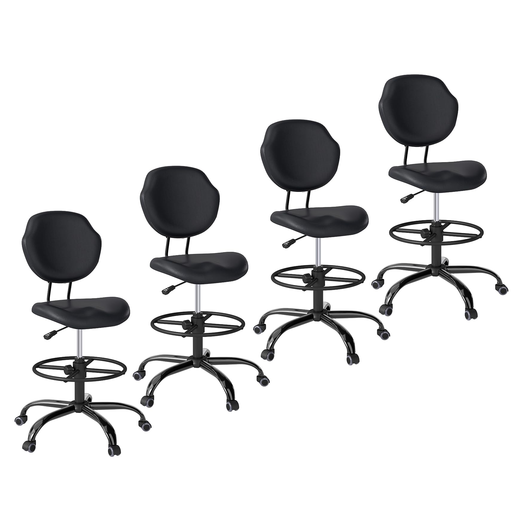 (Black, 4 Pack) , Drafting Chair with Back Support, Tall/High Desk Rolling Stool, Faux Leather Office Chair with Height Adjustable for Standing Desk, Home Office, Bar, Workbench & Kitchen