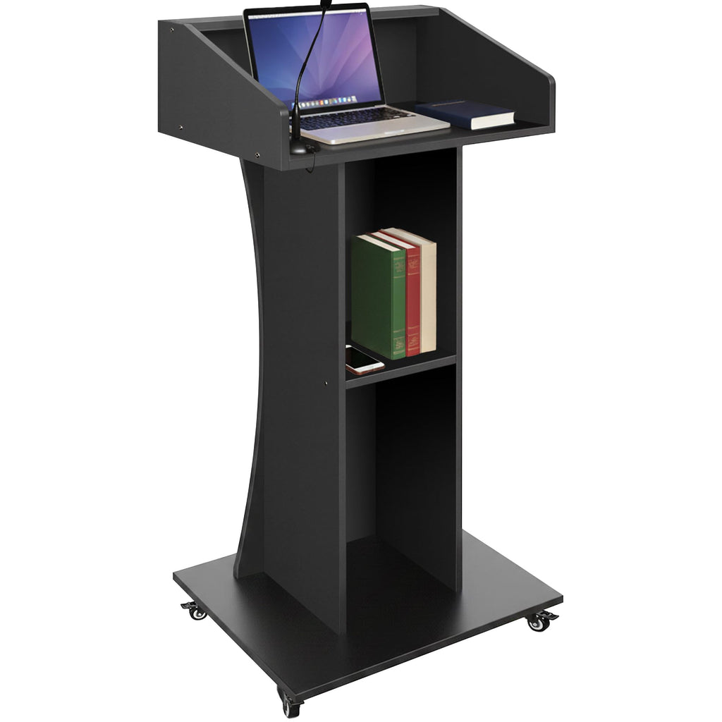 Podium Stand with Lockable Wheels,47"H Wooden Podium for Classroom, Mobile Pulpit Lectern with 3 Storage Shelves for Church, Office,Conference Room (Black)