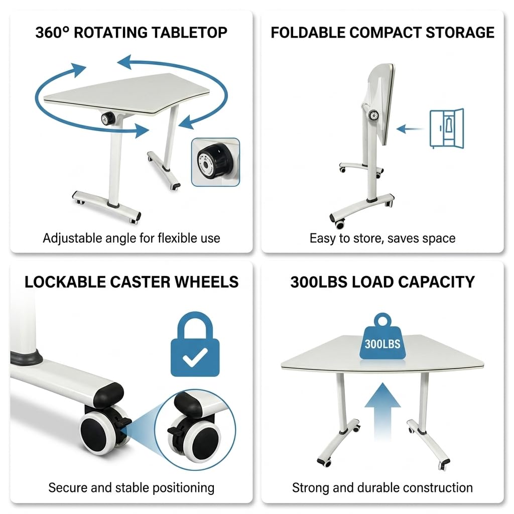 Folding Round Conference Table with Wheels, Flip Top Training Desk, 360° Lockable Casters, Stackable Nesting Mobile Seminar Table for Office Classroom,White,40in,6