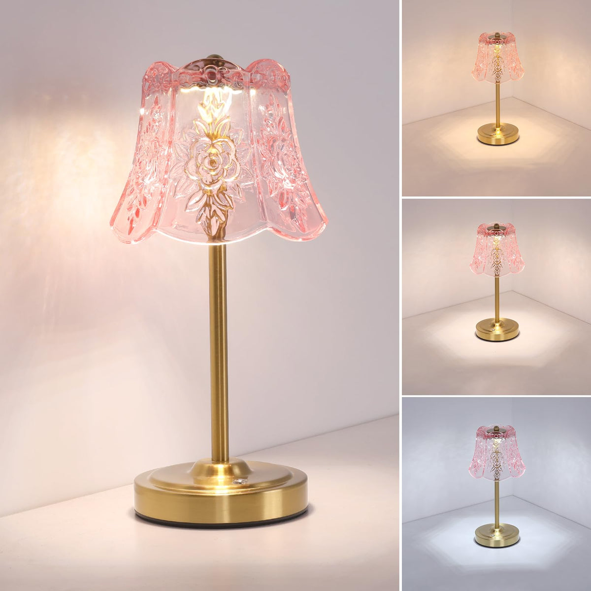 Cordless Touch Table Lamp with 5200mAh Battery - 3 Adjustable Color Temperatures & Dimmable, Rechargeable Desk Lamp for Bedroom, Living Room, Office, Entryway, Bookshelves (Clear Pink Rose)