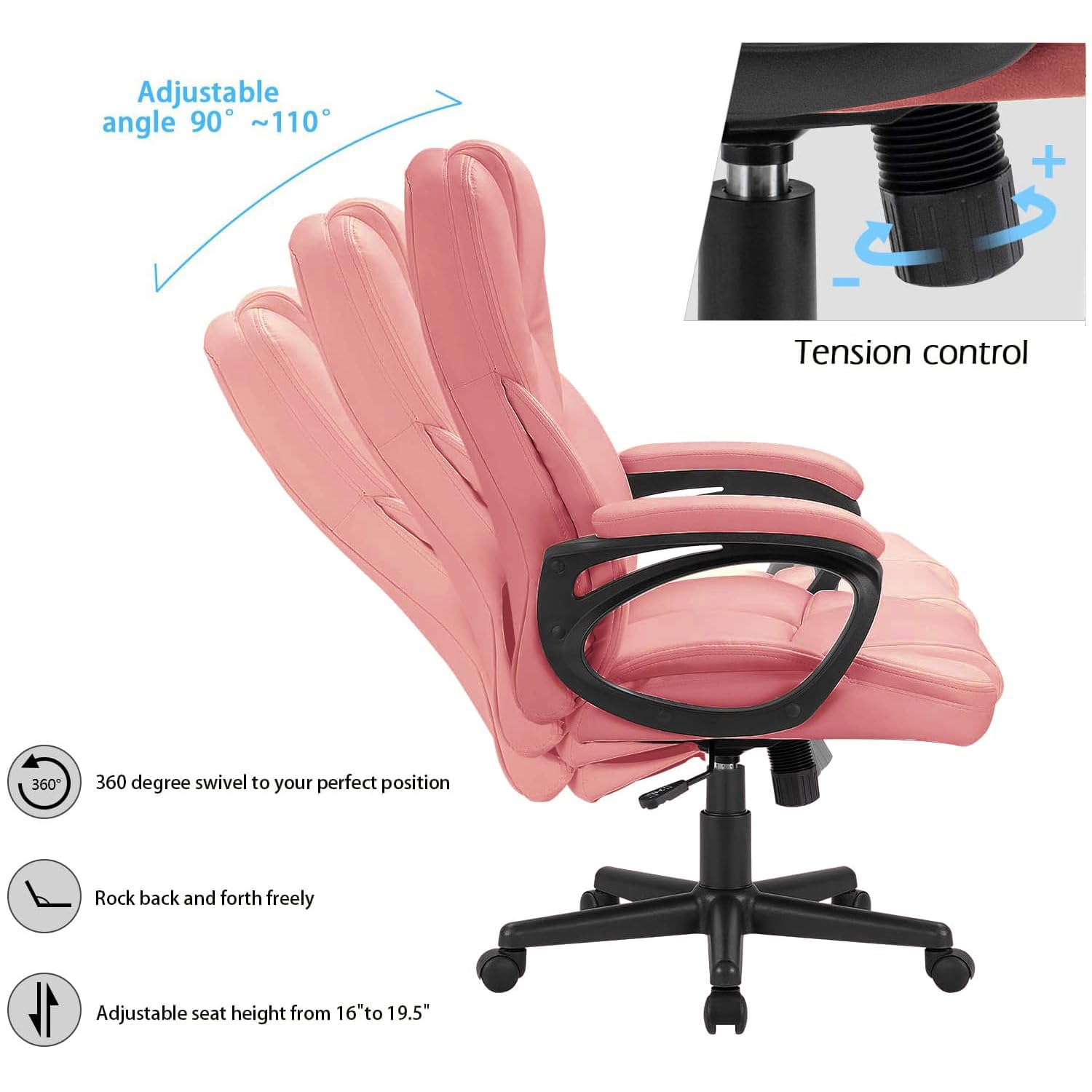 Office Executive Chair High Back Adjustable Managerial Home Desk Chair, Swivel Computer PU Leather Chair with Lumbar Support (1, Pink)