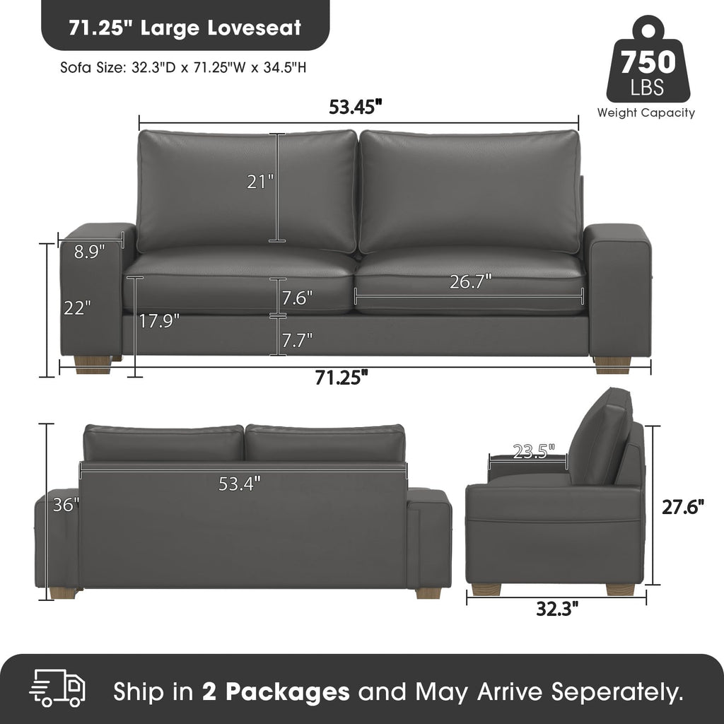 Faux Leather Couch, Mid Century Modern Comfy Loveseat Sofa with Wide Arm, Side Pockets, Solid Wooden Frame for Office, Living Room and Bedroom, 2 Seater (Gery, 71.25 Inches)