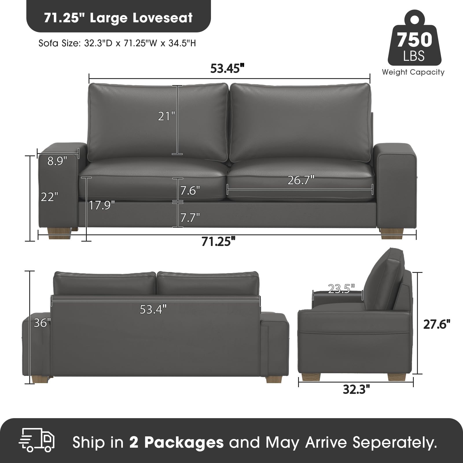 Faux Leather Couch, Mid Century Modern Comfy Loveseat Sofa with Wide Arm, Side Pockets, Solid Wooden Frame for Office, Living Room and Bedroom, 2 Seater (Gery, 71.25 Inches)