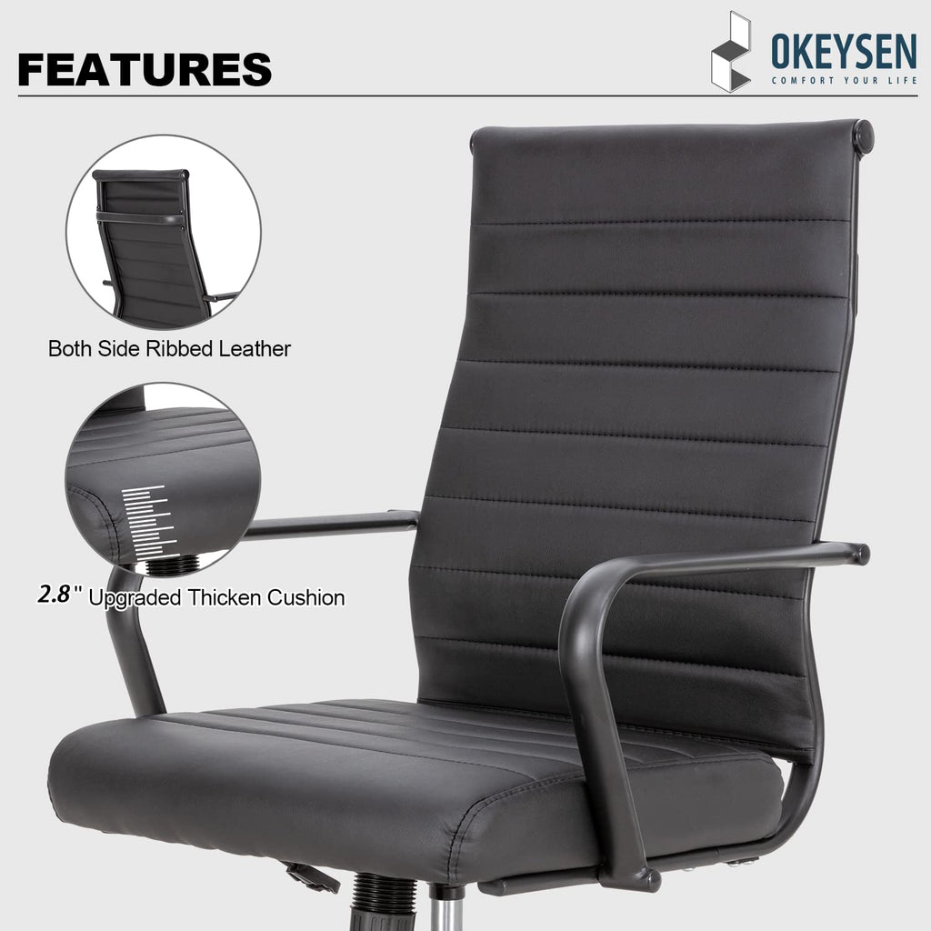 Black Office Chair, Ergonomic Leather Modern Office Chair, Executive Ribbed Height Adjustable Swivel Rolling Chair for Home Office.