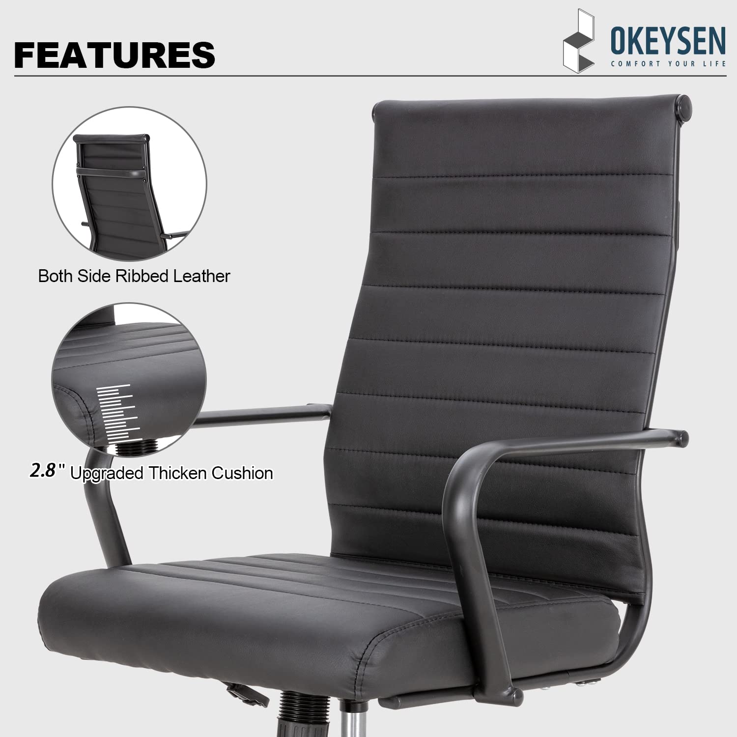 Black Office Chair, Ergonomic Leather Modern Office Chair, Executive Ribbed Height Adjustable Swivel Rolling Chair for Home Office.