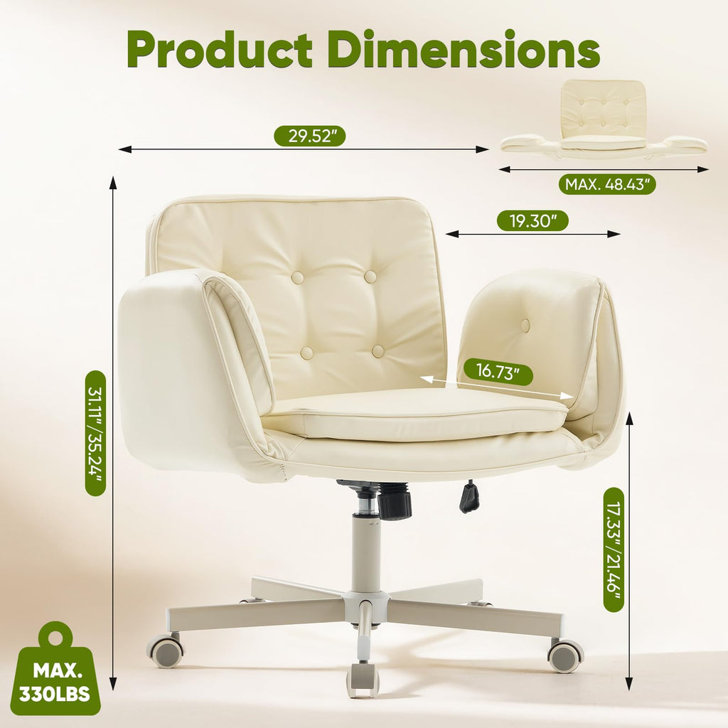 Criss Cross Chair with Wheels & Armrests, Scratch-Resistant PU Leather Vanity Chair, Comfy Wide Height Adjustable Computer Office Desk Chair for Home Office, Make Up, Bedroom (Cream)