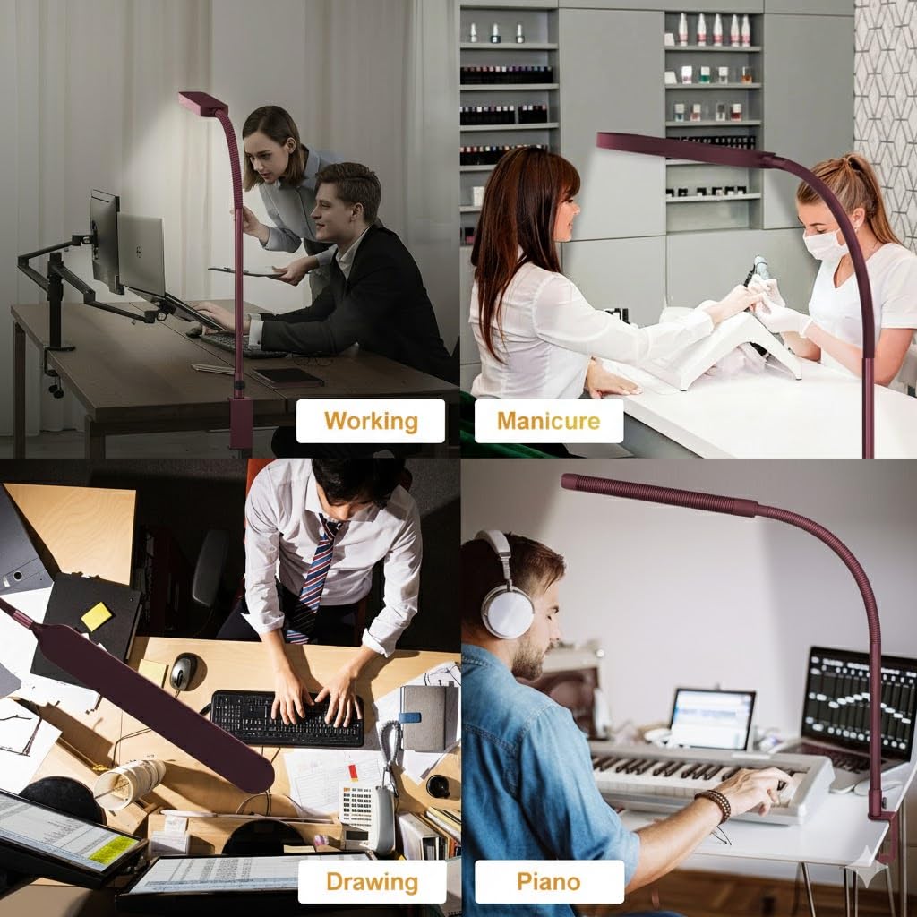 LED Desk Lamp - Desk Light for Office - Flexible Gooseneck - 5 Color Modes X 11 Brightness Levels - 1300LM - Timmer & Memory Function - 12W Clip on Light - Red