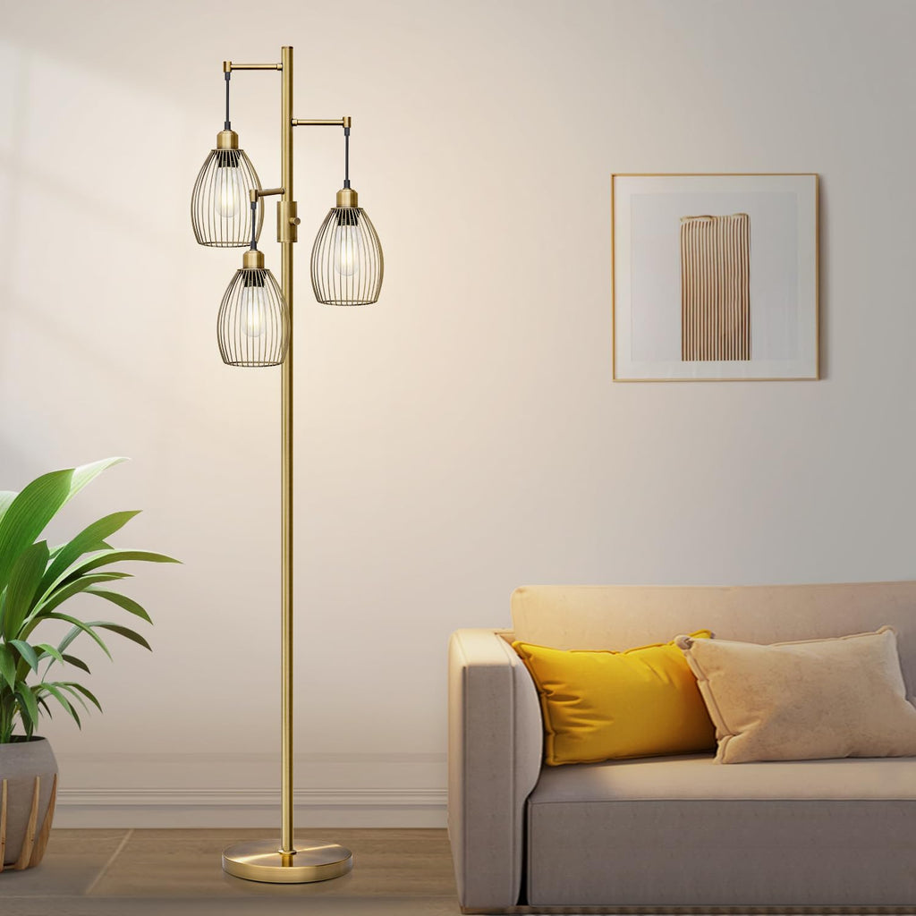Floor Lamp, 3 x 800LM LED Edison Bulbs Included, Farmhouse Industrial Floor Lamp Standing Tree Lamp with Elegant Teardrop Cage Tall Lamps for Living Room Bedroom Office Dining Room-Brass