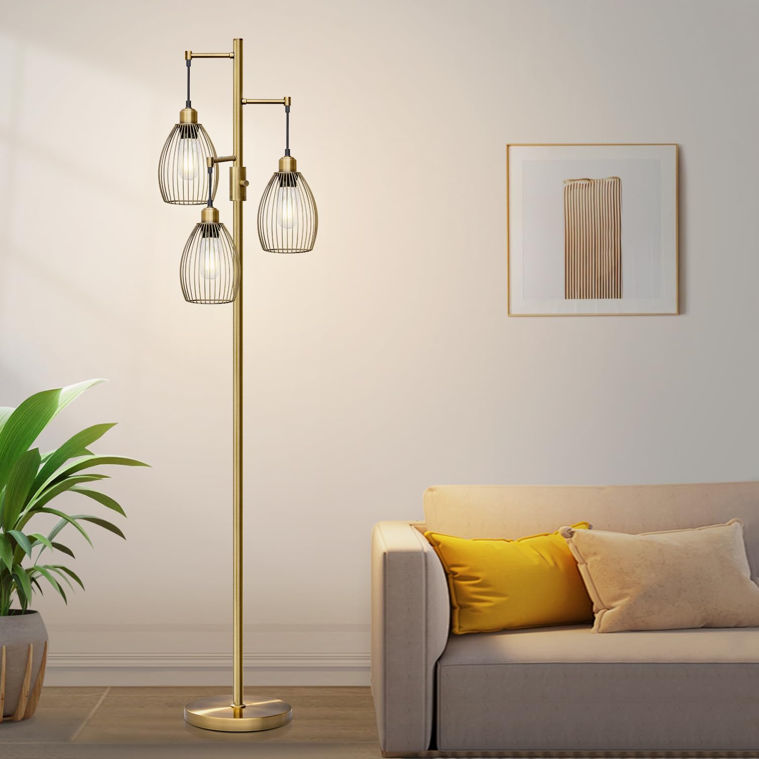 Floor Lamp, 3 x 800LM LED Edison Bulbs Included, Farmhouse Industrial Floor Lamp Standing Tree Lamp with Elegant Teardrop Cage Tall Lamps for Living Room Bedroom Office Dining Room-Brass