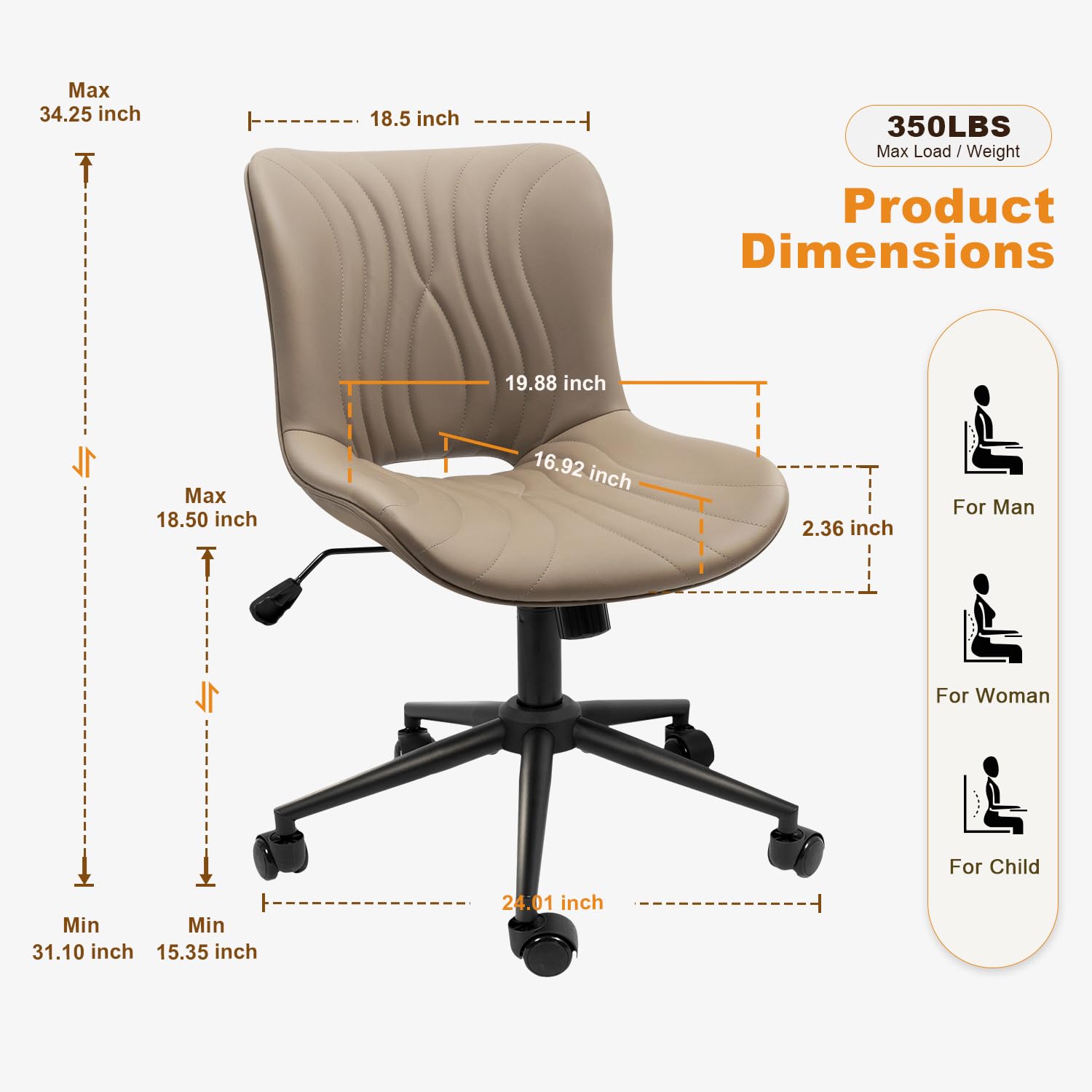 Armless Office Chair, Height Adjustable Desk Chair with Wheels, Ergonomic Comfy 360° Swivel Home Office Computer Task Chair, Faux Leather Padded Cute Vanity Chair, Khaki