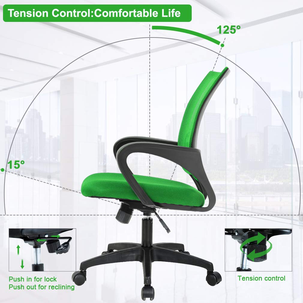 Ergonomic Office Chair | Mid-Back Swivel Desk Chair | Breathable Backrest & Lumbar Support | Adjustable Height | Sponge Seat | Rolling Wheels | Green | for Adults & Women
