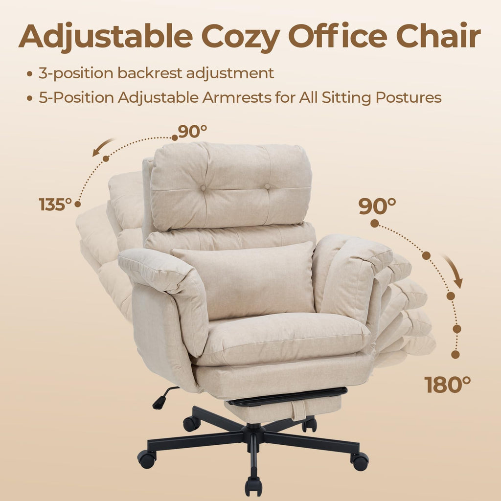 Criss Cross Office Chair with Foot Rest, Big and Tall Office Desk Chair with Flip Armrests for Pets & Cross Legged Sitting, Comfy Executive Ergonomic Reclining Computer Gaming Vanity Chair, Beige
