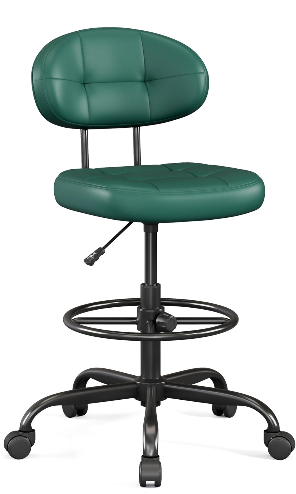 Drafting Chair, Armless Tall Office Chair with Footrest Ring for Standing Desk, Small Faux Leather Executive Computer Chair with Adjustable Height for Bar Lab Counter Height Desk, Green