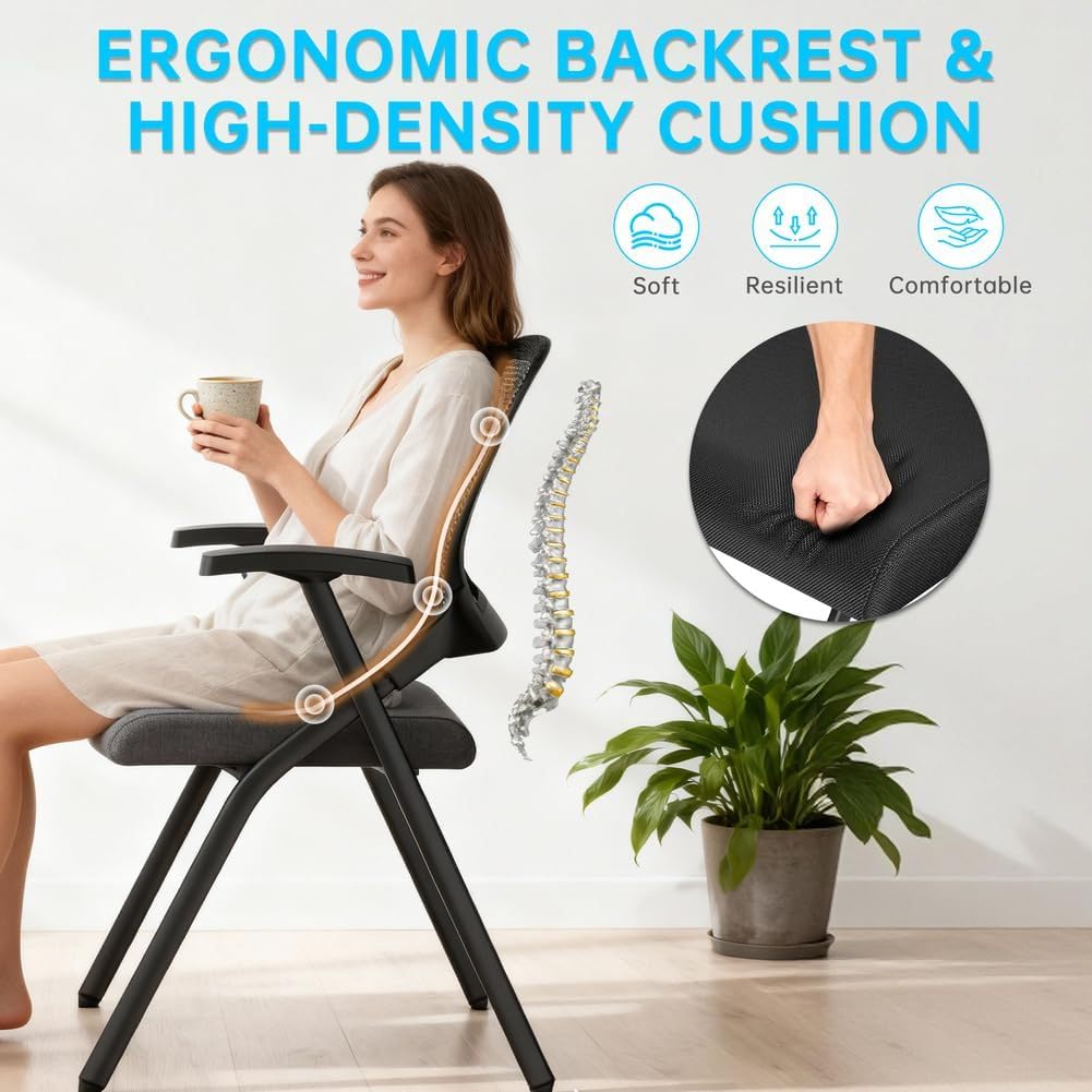 12 Pk, Folding Office Chair with Wheels - Mobile Mesh Back Conference Room Chair with Padded Seat, Foldable & Stackable for Meeting Room, Training, Seminar,Classroom School & Office - Black