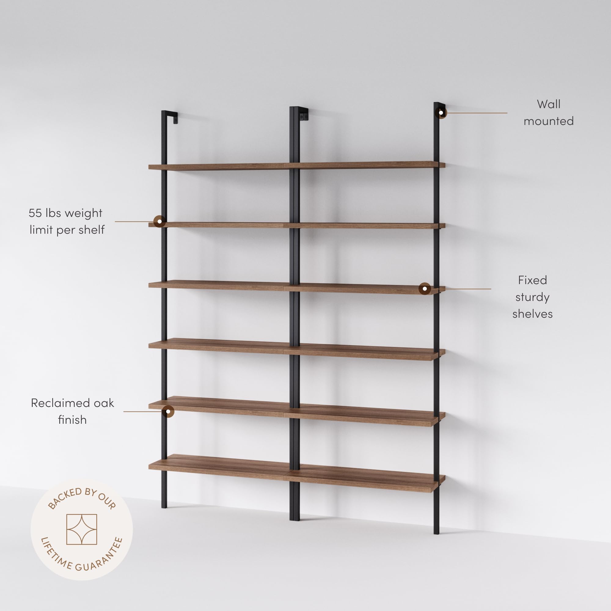 6-Shelf Tall Bookcase, Wall Mount Bookshelf with Reclaimed Oak Wood and Industrial Metal Frame, Reclaimed Oak/Matte Black, Set of 2