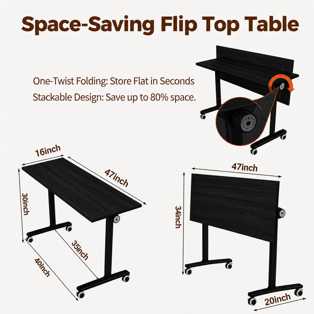 55″ Flip Top Training Table with Lockable Wheels, Mobile Nesting Folding Conference Table, Space Saving Seminar Desk for Classroom, Office, Library (10, Black, 55"×20"×30")