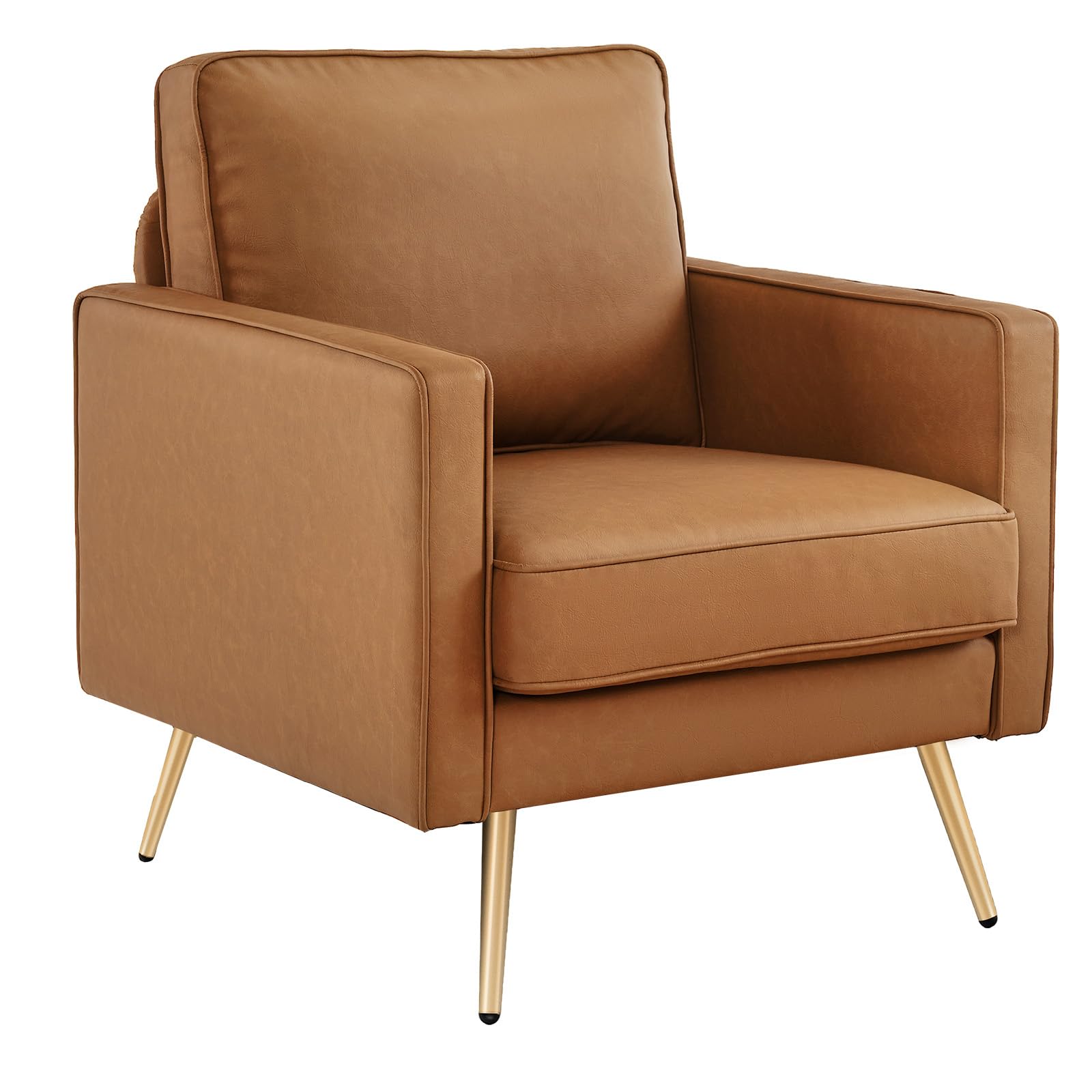 Modern PU Leather Accent Chair Comfy Chair Arm Chair Reading Chair with Golden Metal Legs and Deep Seat for Office,Apartment,Small Space,Cognac