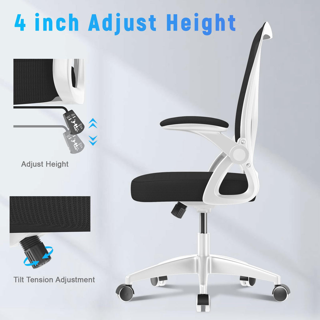 Ergonomic Office Chair, Mid-Back Computer Chair with Adjustable Height, Flip-Up Arms and Lumbar Support, Breathable Bright White Mesh Desk Chair for Home Study Working