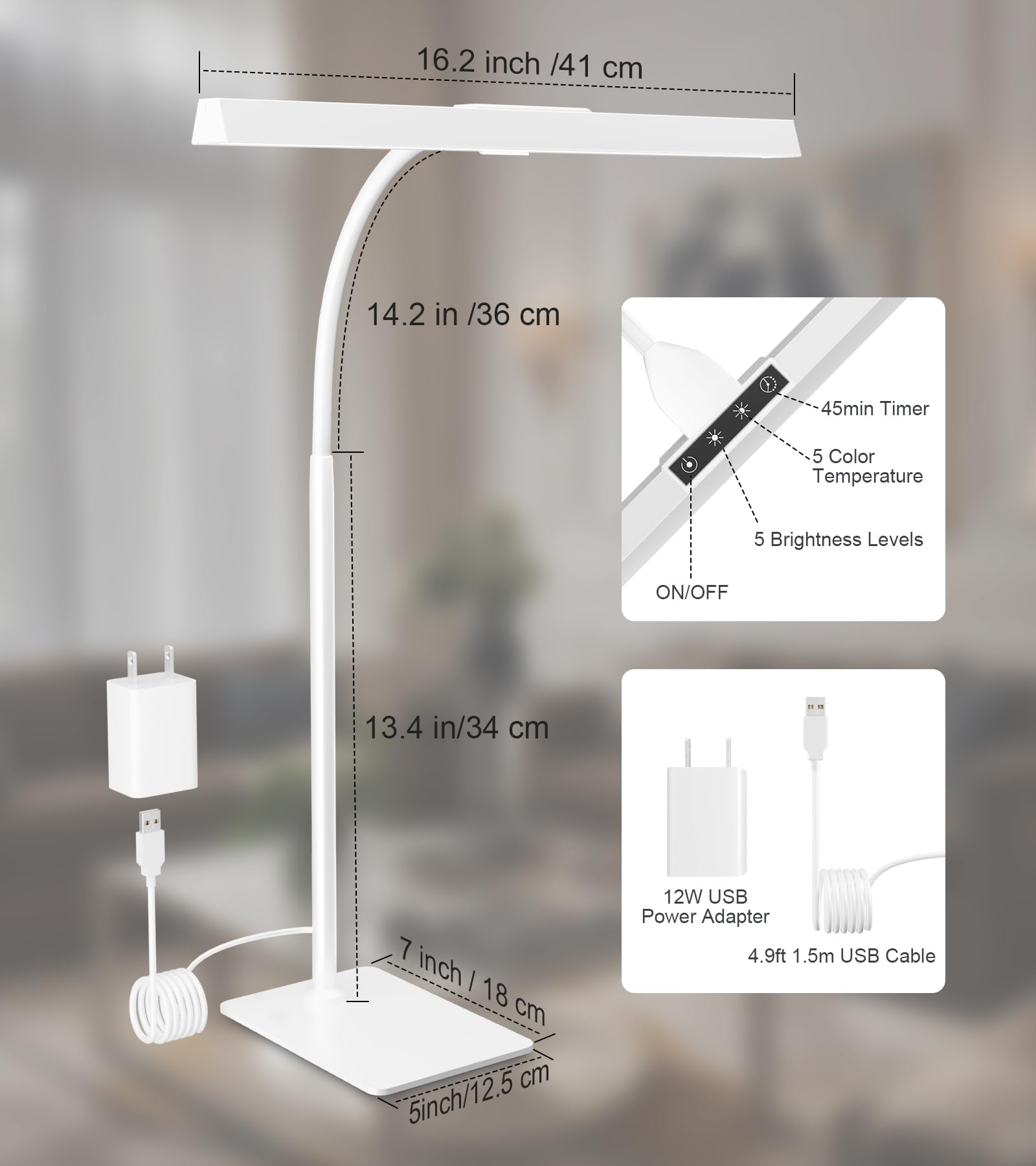Desk Lamp for Office with Base, Eye-Caring Desk Light with Adjustable Gooseneck, 12W USB Adapter Touch Control 5 Dimmable Brightness & Color Tall Lamp for Work, Computer, Study, Task