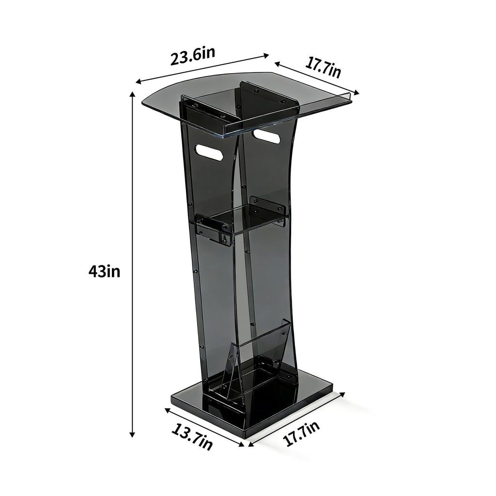 43" Semi-Transparent Black Acrylic Podium & Lectern Stand Portable with Storage Shelf, pulpits for Churches, for Speech, for Presentation, Shtender